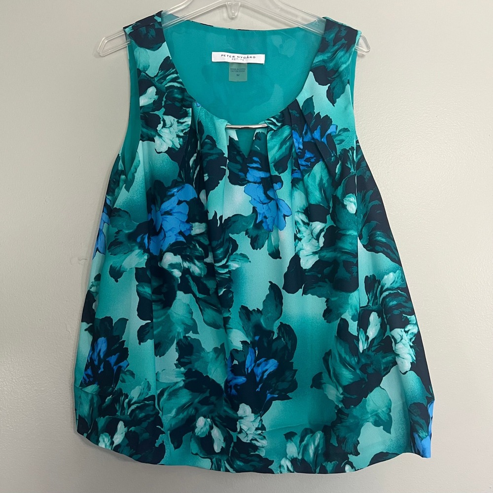 Peter Nygard Petite Teal Blue Floral Layered Blouse Metal Bar Detail Medium